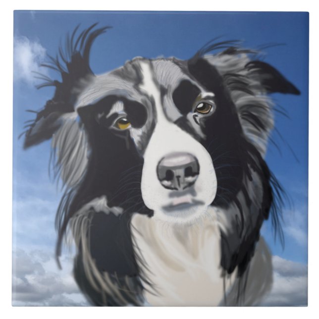 Azulejo De Cerâmica Collie Preto e Branco (Frente)