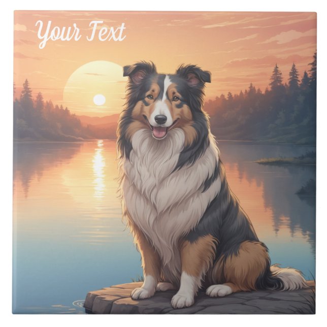 Azulejo De Cerâmica Collie Tri Colorido junto ao Lago (Frente)