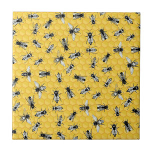 Azulejo De Cerâmica Colônia de Abelhas Ocupada e Dourada de Honeycomb