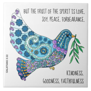 Azulejo De Cerâmica Colorful Dove w Verse sobre a paz (Galatianos 5:22