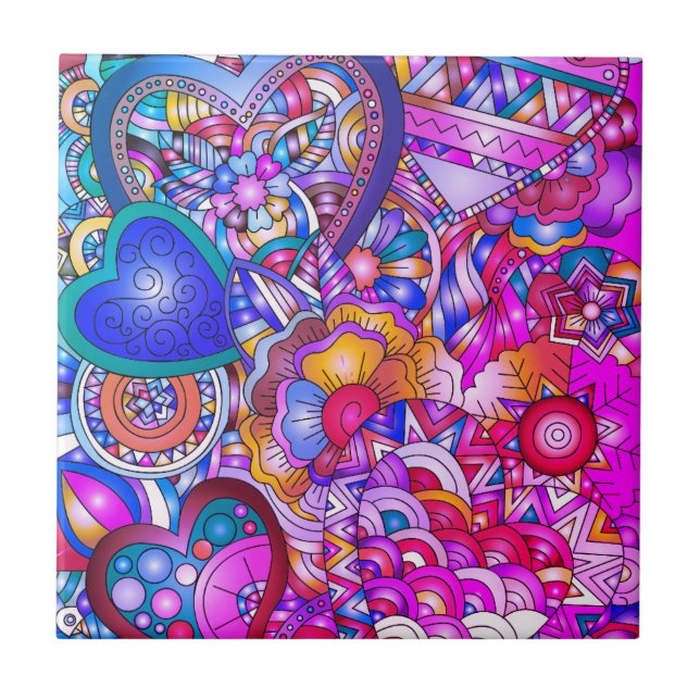 Azulejo De Cerâmica Colorful Hearts and Flowers Abstract Art (Frente)