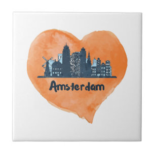 Azulejo De Cerâmica Colorida Amsterdam City Skyline Watercolor Heart P