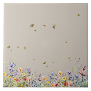 Azulejo De Cerâmica Colorida Flor Silvestre Aquarela com Borboleta