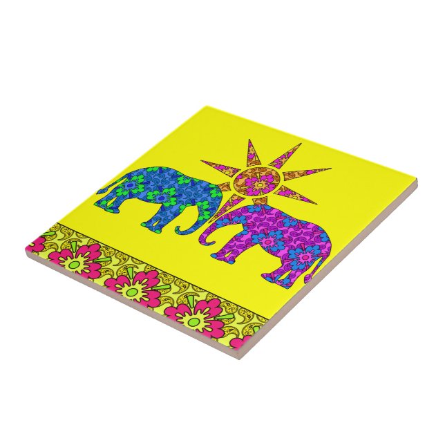 Azulejo De Cerâmica Colorida Paisley Elephants Tile Trivet (Lateral)