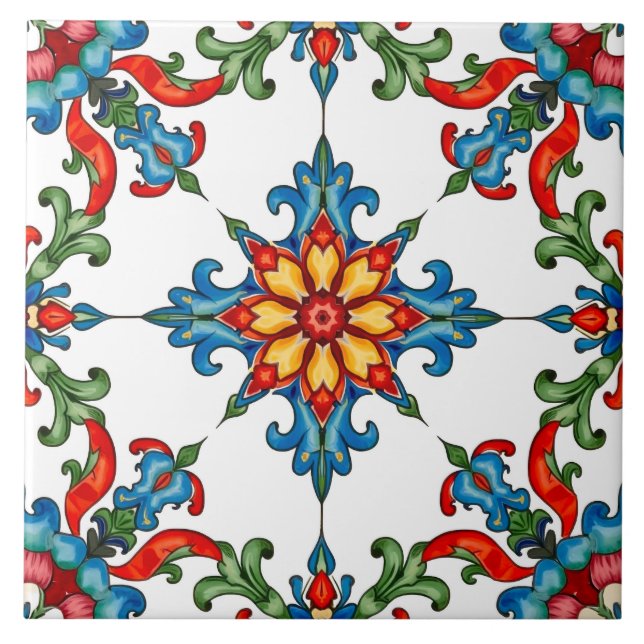 Azulejo De Cerâmica Colorido,Mediterrâneo,mosaico,vermelho,laranja,azu (Frente)