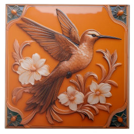 Azulejo de cerâmica com beija-flor em relevo falso