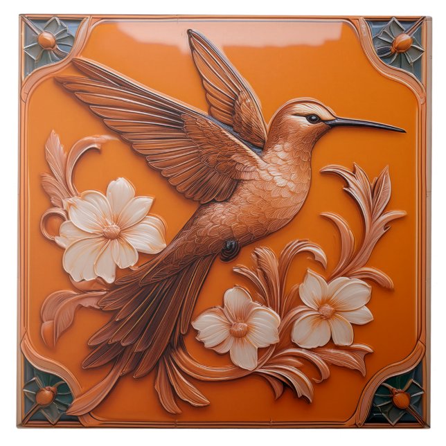 Azulejo de cerâmica com beija-flor em relevo falso (Frente)