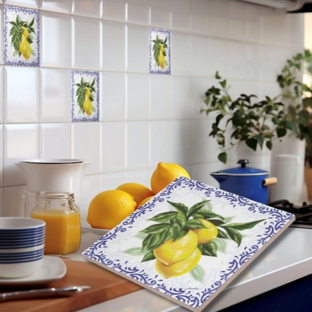 Azulejo de cerâmica com limões Blue Toile (European Italian French Countryside Lemons Kitchen Tile with Blue Toile signed by the artist)