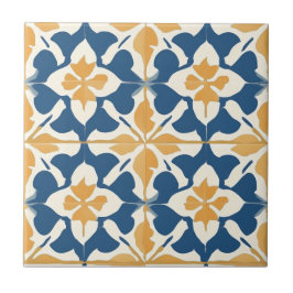 Azulejo de Cerâmica com Padrão Azul e Dourado