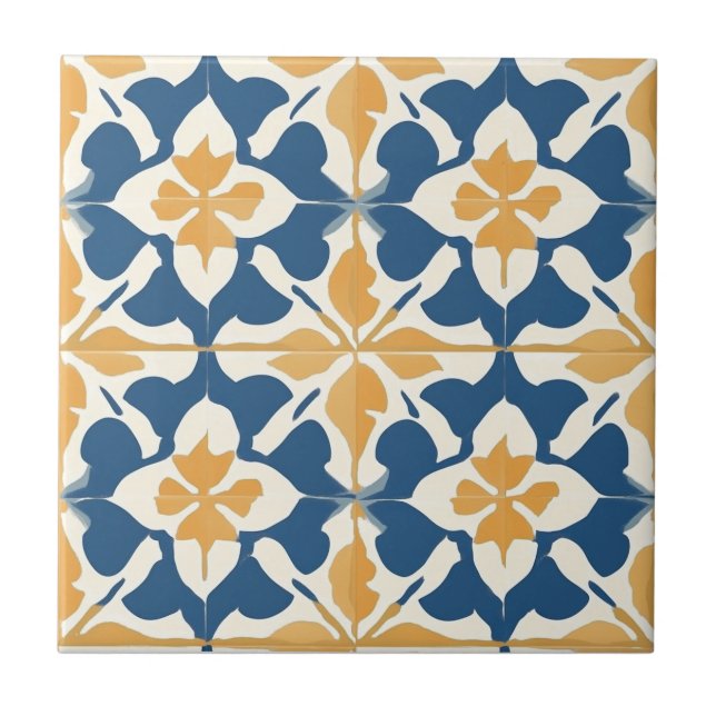 Azulejo de Cerâmica com Padrão Azul e Dourado (Frente)