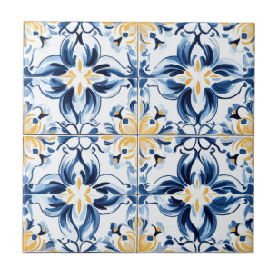 Azulejo de Cerâmica com Padrão Azul e Dourado