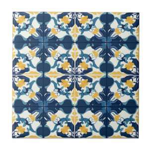Azulejo de Cerâmica com Padrão Azul e Dourado