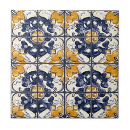Azulejo de Cerâmica com Padrão Azul e Dourado