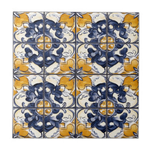 Azulejo de Cerâmica com Padrão Azul e Dourado