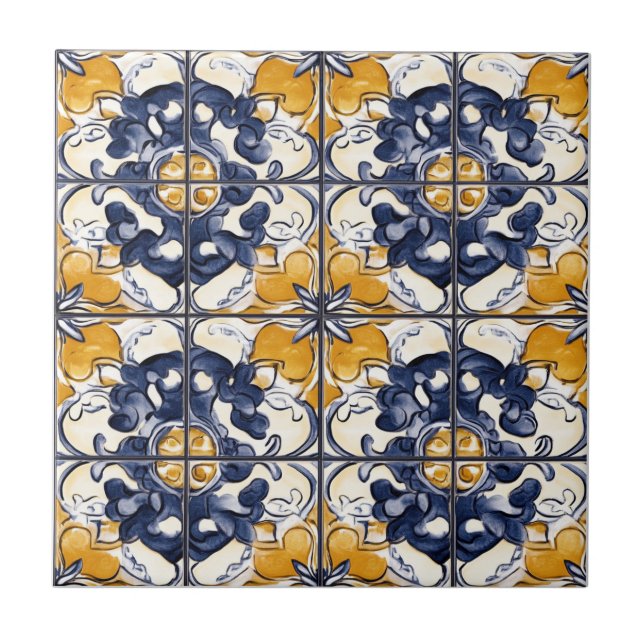 Azulejo de Cerâmica com Padrão Azul e Dourado (Frente)