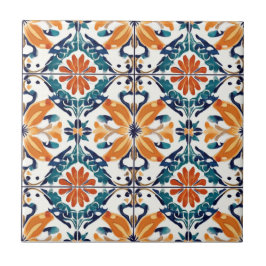 Azulejo de Cerâmica com Padrão Laranja Azul e Amar