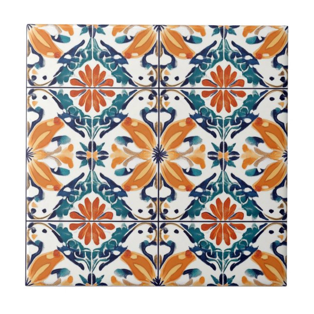 Azulejo de Cerâmica com Padrão Laranja Azul e Amar (Frente)