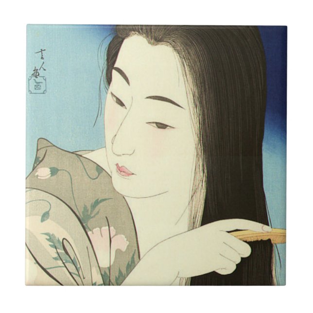 Azulejo De Cerâmica Combing Her Hair (Bela Mulher Asiática) (Kotondo) (Frente)