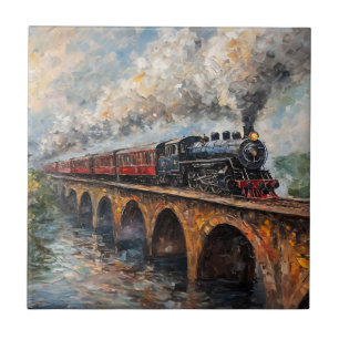 Azulejo De Cerâmica Comboio a vapor numa ponte - Pintura a óleo