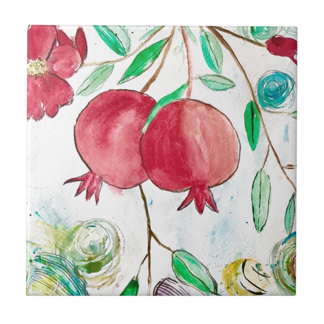 Azulejo De Cerâmica Comida de aquarela da fruta vermelha de romã (Frente)