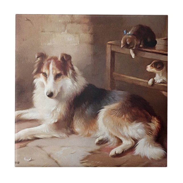 Azulejo De Cerâmica Companheiros de brincadeira - gatinho do cão - (Frente)