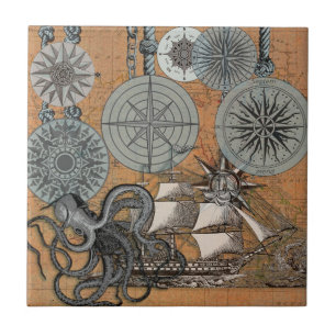 Azulejo De Cerâmica Compass Rosa Vintage Navio Octopus Náutico