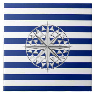 Azulejo De Cerâmica Compasso do estilo do cromo em listras náuticas