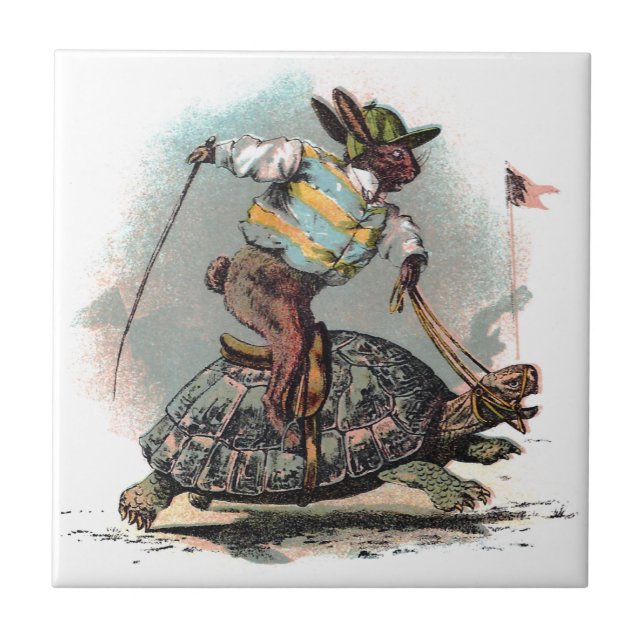 Azulejo De Cerâmica Competindo a tartaruga da equitação do coelho (Frente)