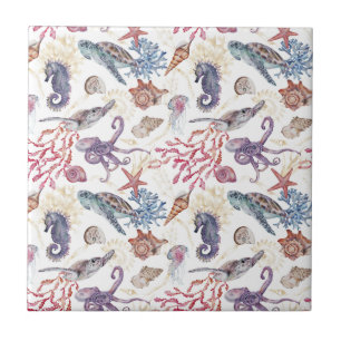 Azulejo De Cerâmica Composição Subaquática em Aquarela Série Design 1