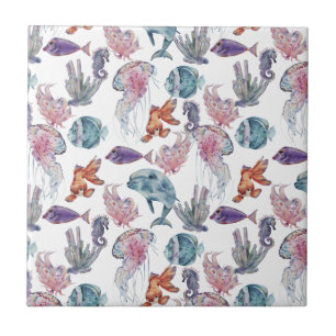 Azulejo De Cerâmica Composição Subaquática em Aquarela Série Design 2