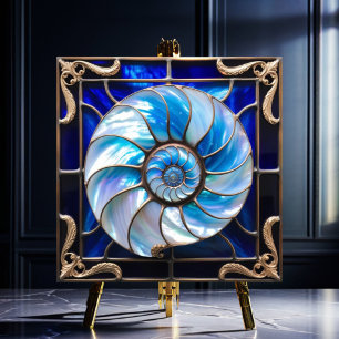 Azulejo De Cerâmica Concha de Náutilo Azul/Branco em Falso Vidro Color