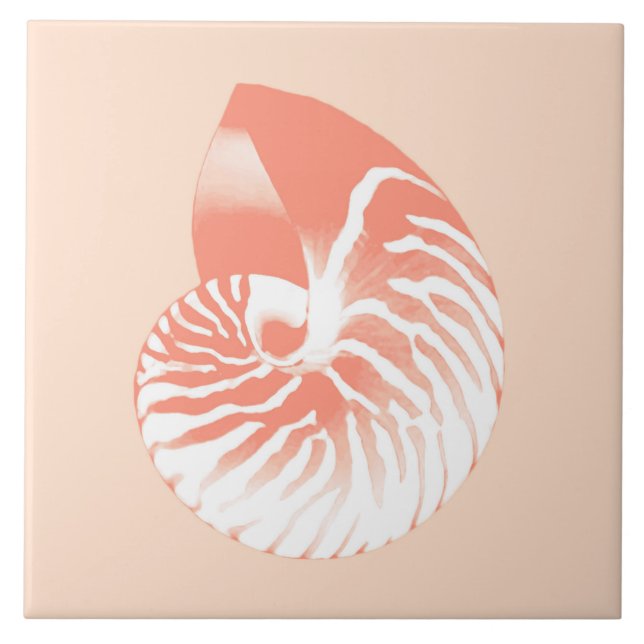 Azulejo De Cerâmica Concha de Nautilus - laranja coral e branco (Frente)