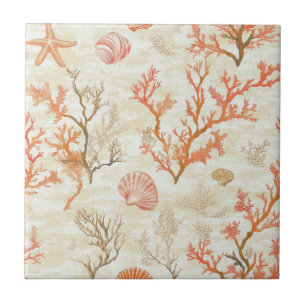 Azulejo De Cerâmica Concha de Oceano Vintage Coral Estrela-do-Mar Bege