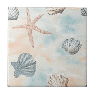 Azulejo De Cerâmica Conchas Costeiras Aqua & Estrela-do-Mar Brilhante