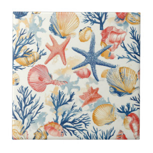 Azulejo De Cerâmica Conchas de Oceano Pastel com Raminhos de Coral Del