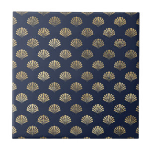 Azulejo De Cerâmica Conchas de Ouro Elegantes Padrão Sem Costura Azul