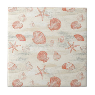 Azulejo De Cerâmica Conchas de Praia Vintage com Coral e Estrela do Ma