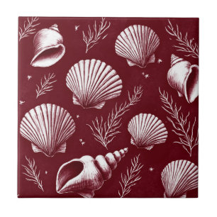 Azulejo De Cerâmica Conchas e Algas Marinhas em Marrom e Branco