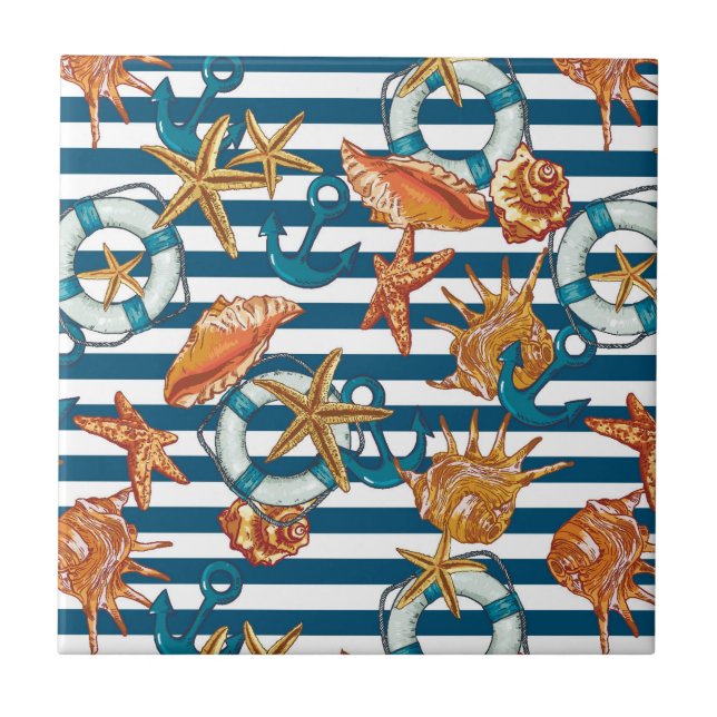 Azulejo De Cerâmica Conchas E Padrões De Âncora (Frente)