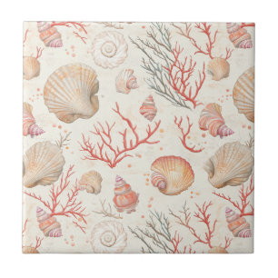 Azulejo De Cerâmica Conchas Marinhas Elegantes & Ramo de Coral