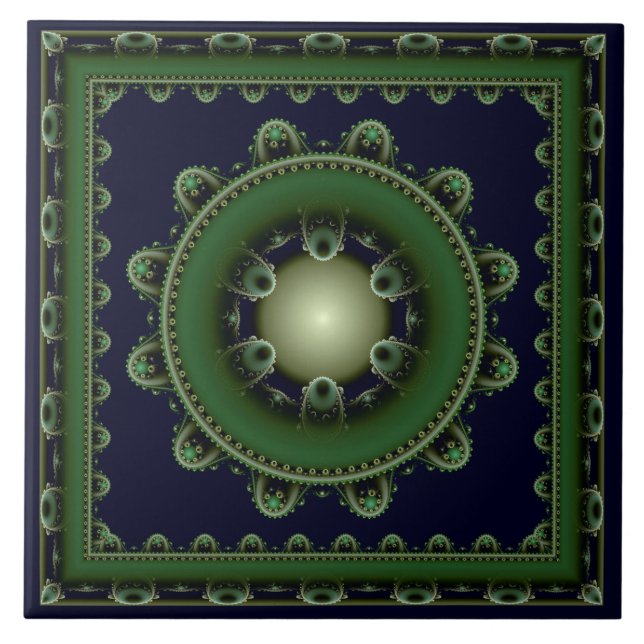 Azulejo De Cerâmica Condecoração com moldura verde fractal (Frente)