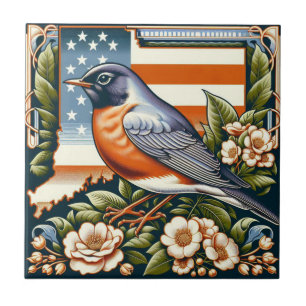 Azulejo De Cerâmica Connecticut American Robin and State Flower Blue