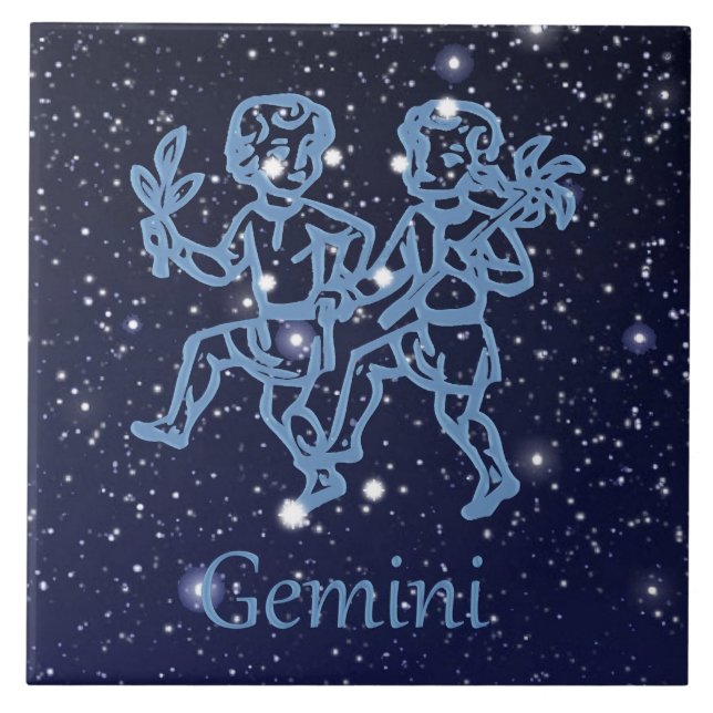 Azulejo De Cerâmica Constelação Gemini e Sinal Zodíaco com Estrelas (Frente)