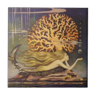 Azulejo De Cerâmica Conto de Fadas Vintage, Pequena Sereia em Coral Oc