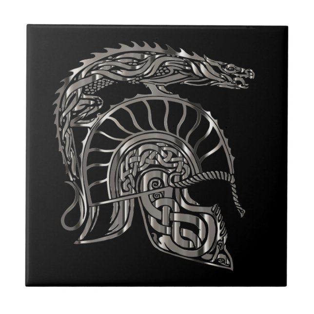 Azulejo De Cerâmica Cool Warrior Metallic Dragon Helmet (Frente)