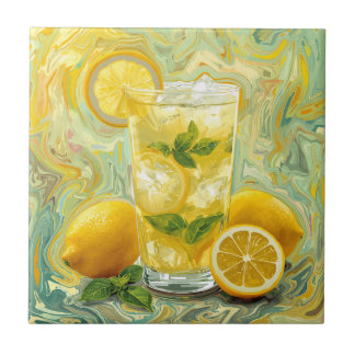 Azulejo De Cerâmica Copo Fresco de Limonada e Limões Arte Abstrata