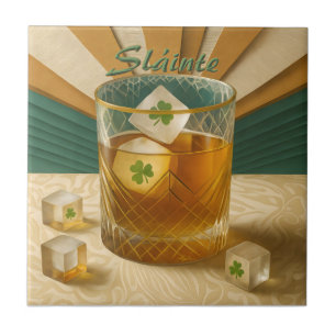 Azulejo De Cerâmica Copo para Uísque Irlandês Shamrock com Gelo "Sláin