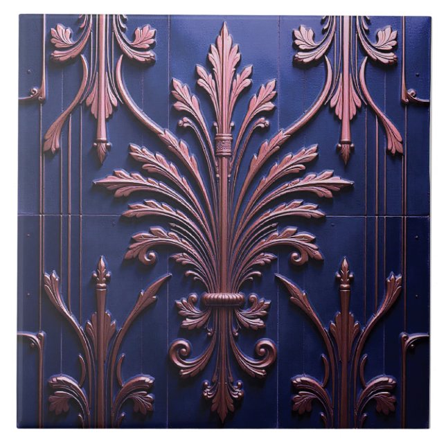 Azulejo De Cerâmica Copper Fleur sobre Índigo (Frente)