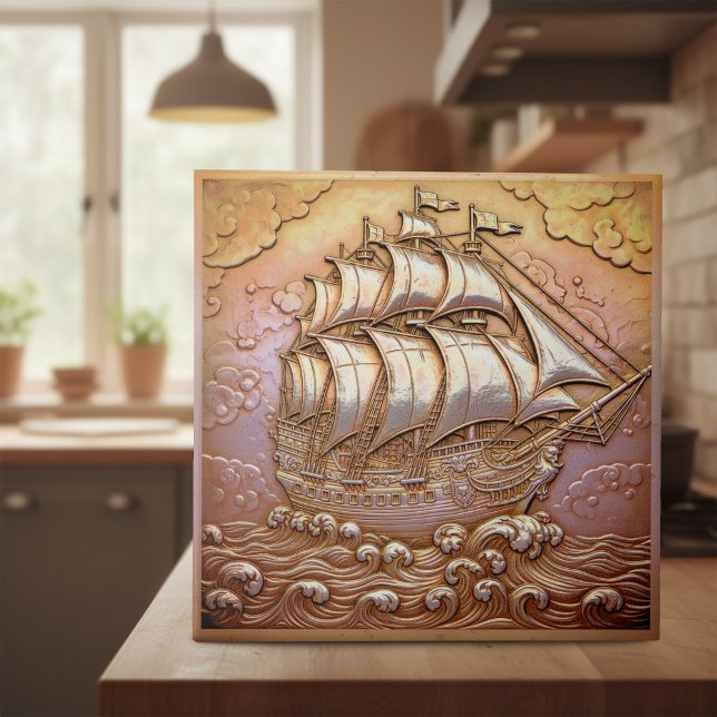 Azulejo De Cerâmica Copper Metallic Iridescent Sailing Ship D1223 (Criador carregado)