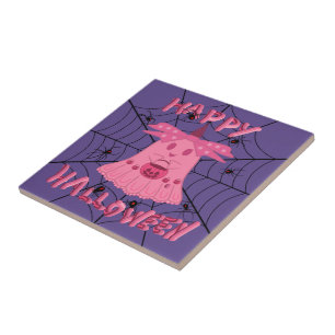 Azulejo De Cerâmica Coquete Rosa Fantasma Feliz Halloween Arte Digital